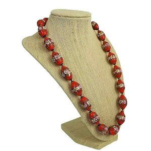 Antique Venetian Murano Glass Fiorato Wedding Cake Bead Necklace Red Foil Vtg